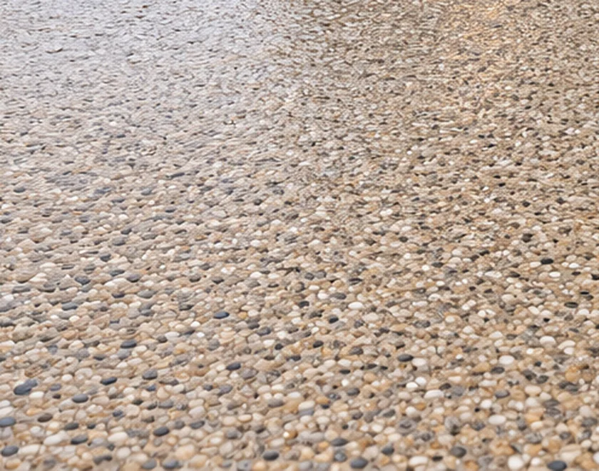 Gros plan sur les galets de marbre liés par la résine d'un tapis de pierre
