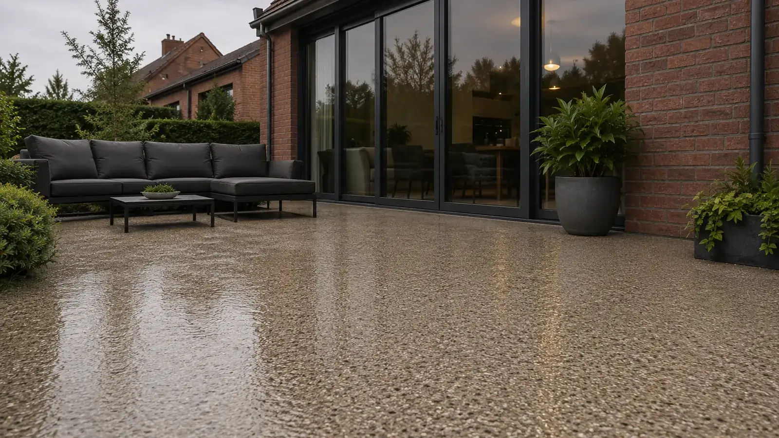 Terrasse revêtue de tapis de pierre, surface continue et sans joint