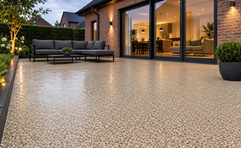 Terrasse revêtue d'un tapis de pierre beige, surface continue et sans joint
